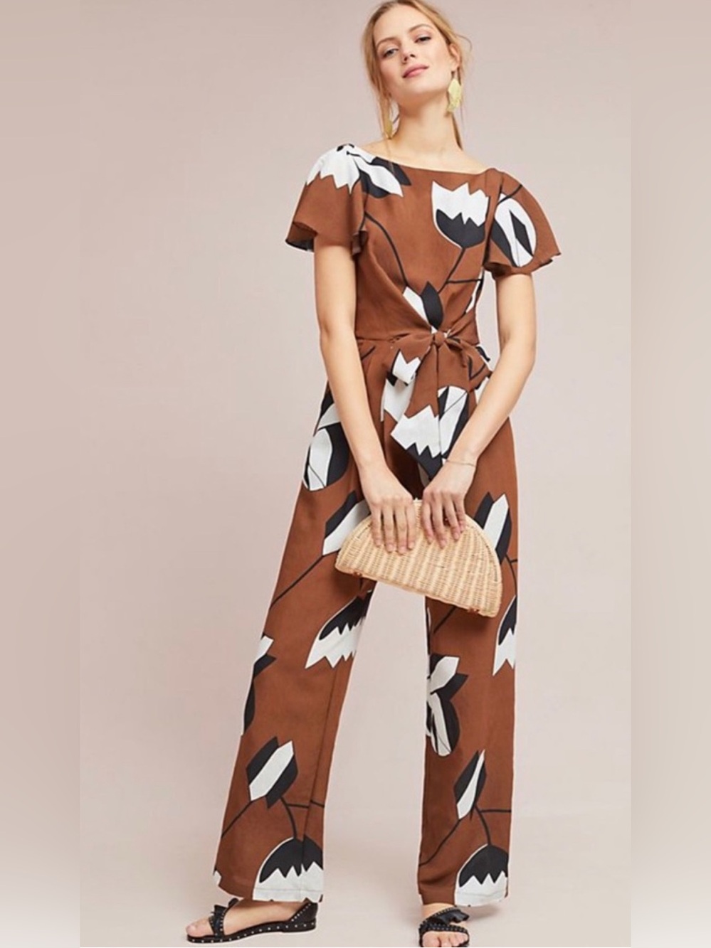 Eva Franco Brown Floral-Print Jumpsuit with Tie Waist